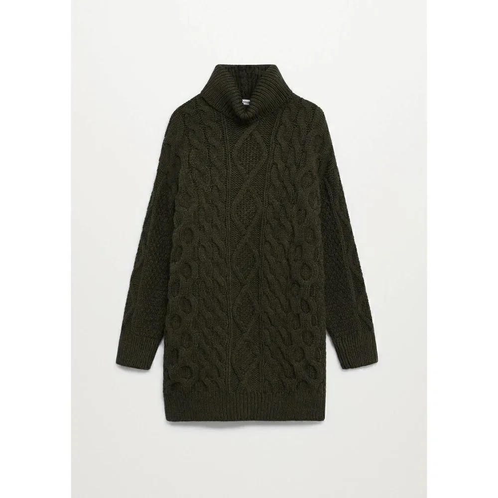 Mango Cable Knit Chunky Dress Braids Oversized Turtleneck Khaki - Picture 6 of 7